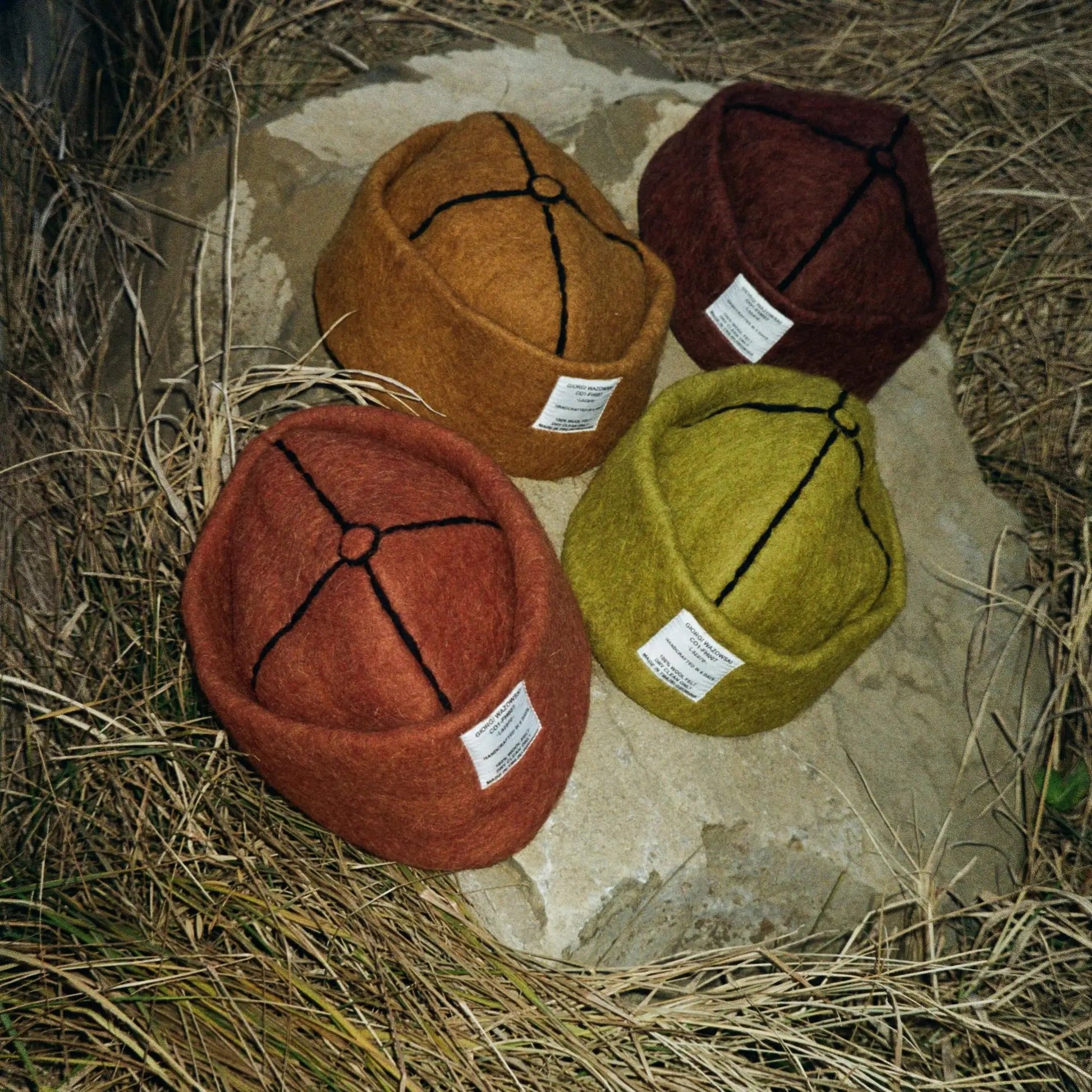 Collage of Ash, Mustard, Tobacco, Mocha, and Chocolate wool felt hats, showcasing earthy tones and handcrafted 100% wool design