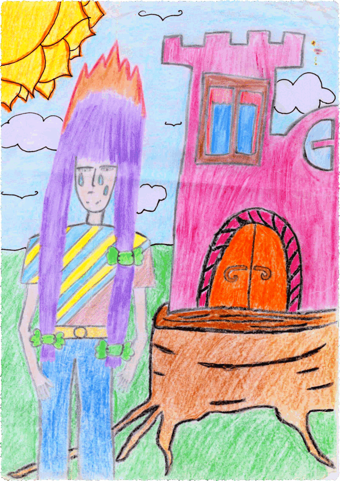 Crayon drawing of a long-haired figure in a striped shirt standing beside a pink castle built on a tree stump under a yellow sun