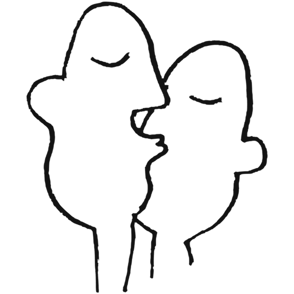 Ink drawing of two faces in profile nose to nose with their eyes closed